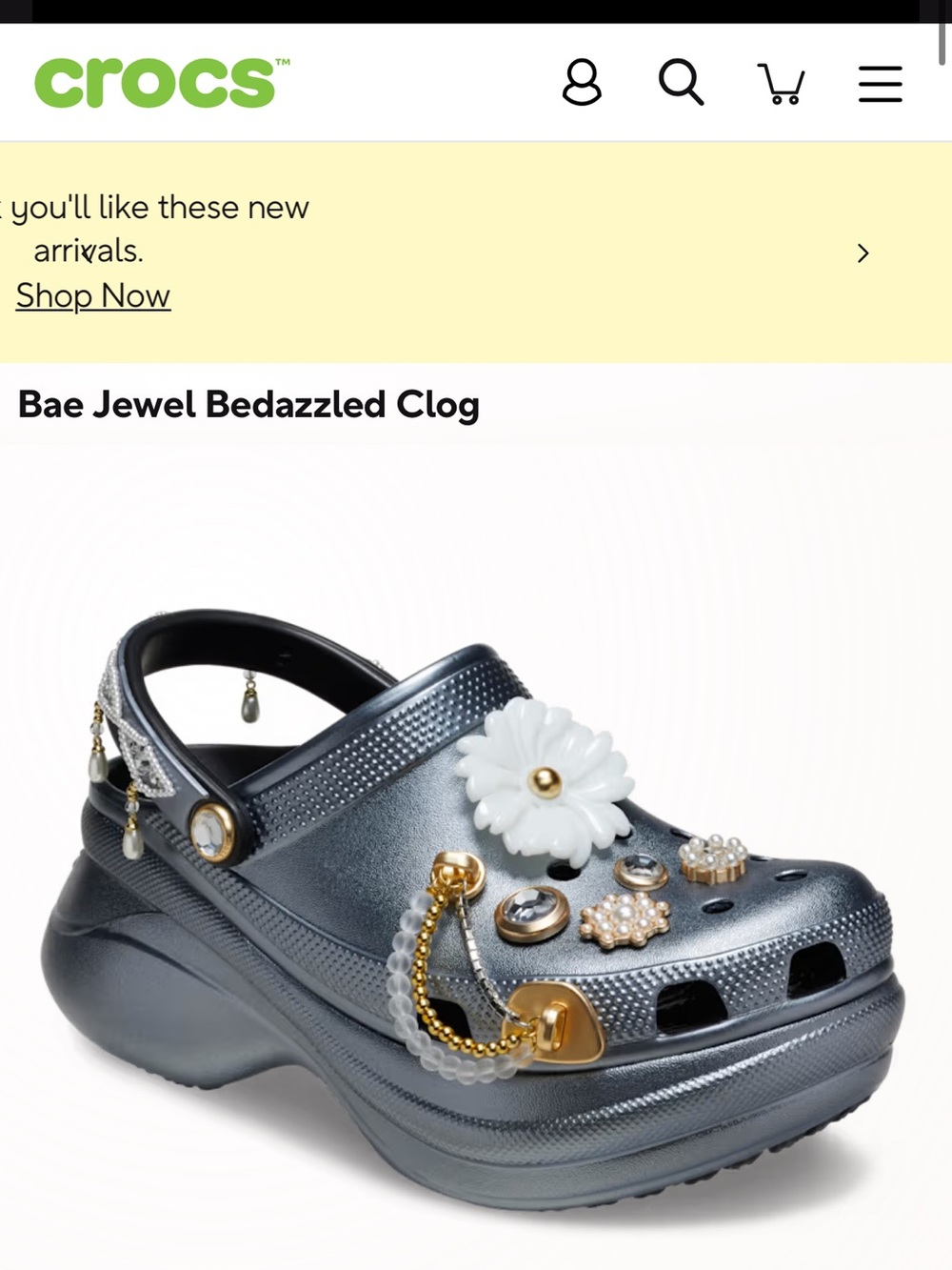 CROCS Metallic Silver Platform Clog with White Flower Charm